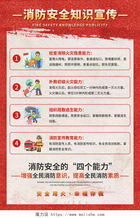 红色大气消防安全知识宣传海报消防安全四个能力建设